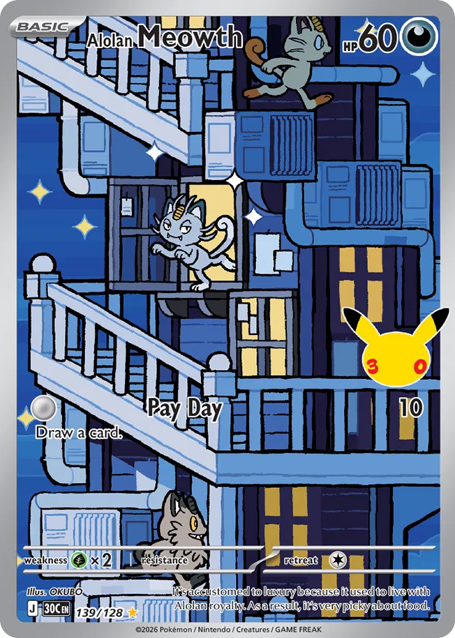 Alolan Meowth • 30th Celebration • 139/128 • Illustration Rare • Near Mint • Holofoil