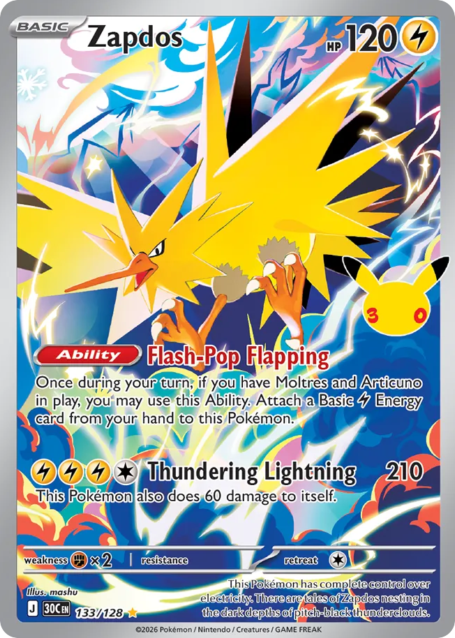 Zapdos • 30th Celebration • 133/128 • Illustration Rare • Near Mint • Holofoil