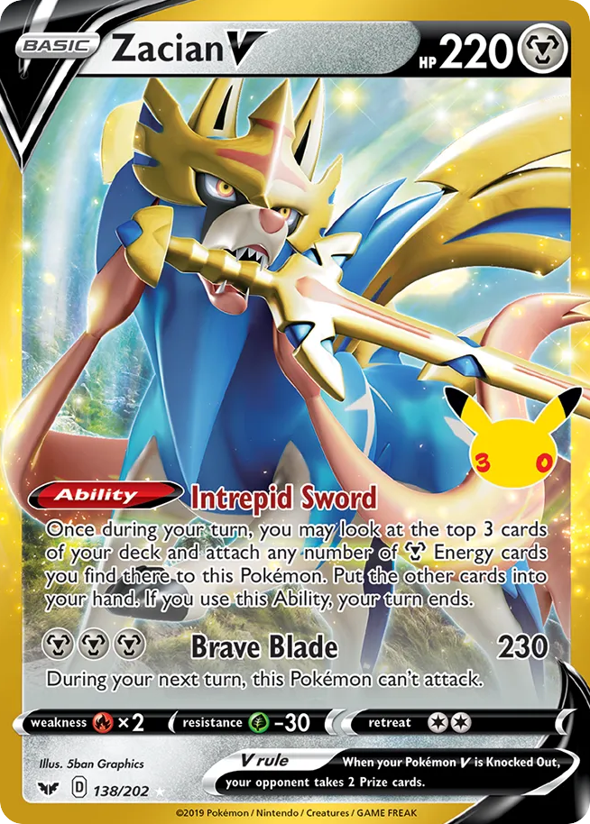 Zacian V • 30th Celebration: Classic Collection • 138/202 • Holo Rare V • Near Mint • Holofoil