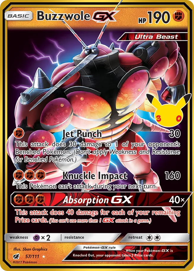Buzzwole-GX • 30th Celebration: Classic Collection • 57/111 • Rare Holo GX • Near Mint • Holofoil