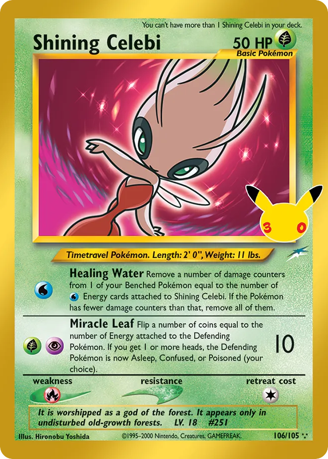 Shining Celebi • 30th Celebration: Classic Collection • 106/105 • Rare Secret • Near Mint • Holofoil