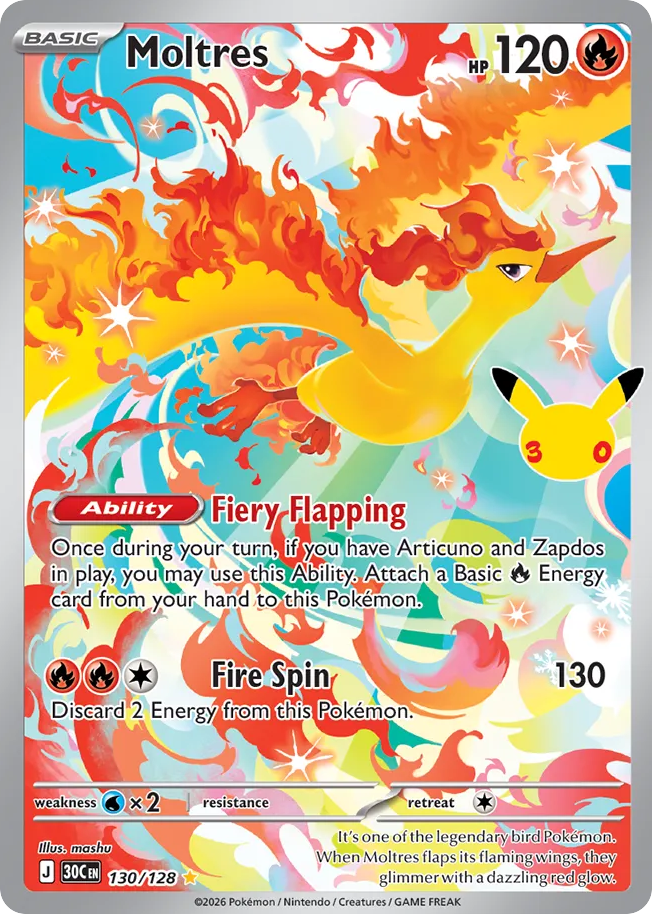 Moltres • 30th Celebration • 130/128 • Illustration Rare • Near Mint • Holofoil