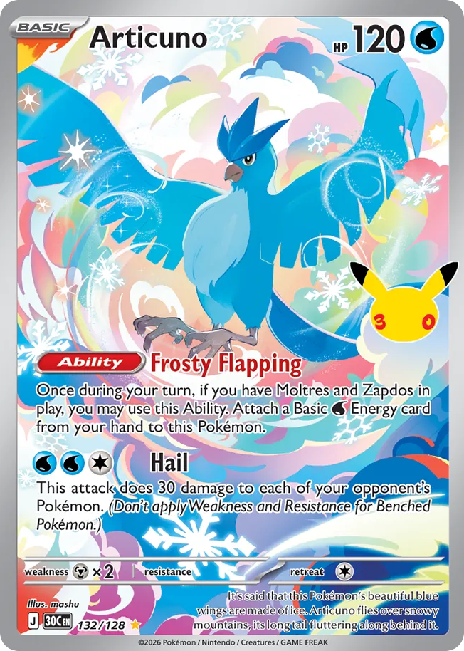 Articuno • 30th Celebration • 132/128 • Illustration Rare • Near Mint • Holofoil